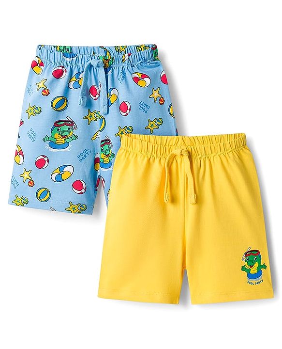 Babyhug Single Jersey Knit Mid Thigh Shorts With Crocodile Print Pack of 2 - Yellow & Light Blue