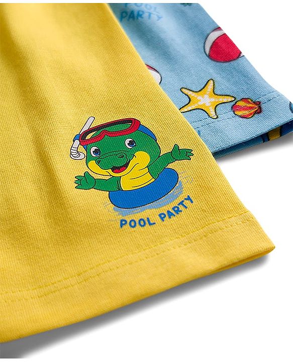 Babyhug Single Jersey Knit Mid Thigh Shorts With Crocodile Print Pack of 2 - Yellow & Light Blue