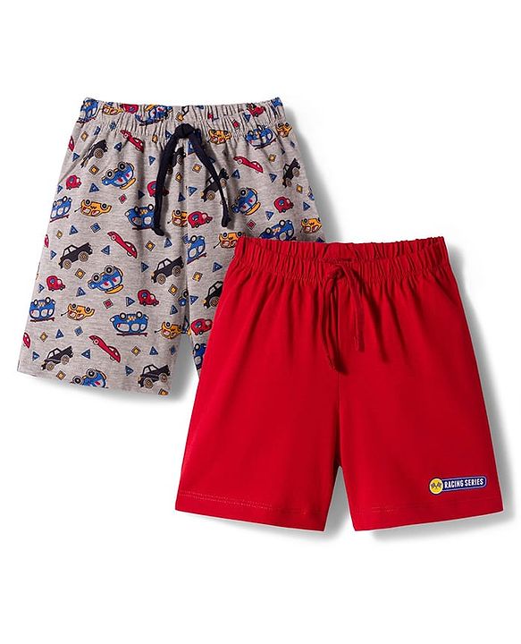 Babyhug Single Jersey Knit Shorts With Vehicle Print Pack Of 2 - Red & Grey