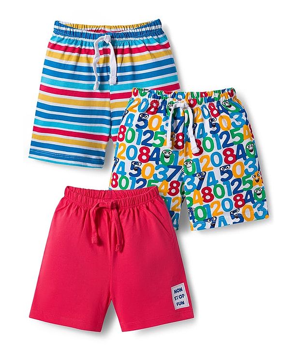 Babyhug Single Jersey Knit Mid Thigh Striped & Number Printed Shorts Pack of 3 - Multicolor