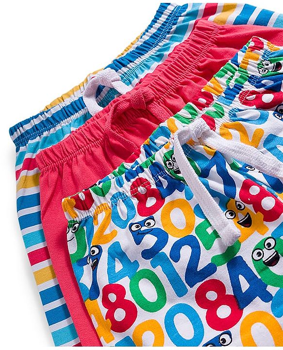 Babyhug Single Jersey Knit Mid Thigh Striped & Number Printed Shorts Pack of 3 - Multicolor