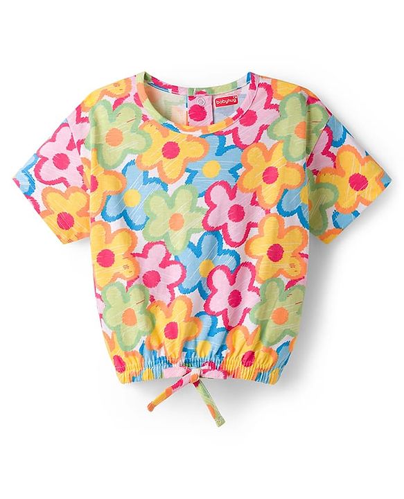 Babyhug Cotton Knit Half Sleeves Oversized T-Shirt with Floral Print - Multicolor