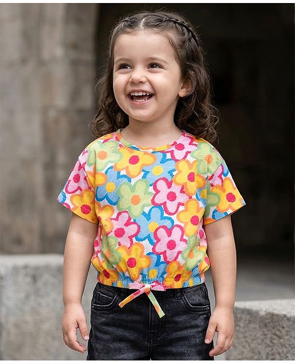 Babyhug Cotton Knit Half Sleeves Oversized T-Shirt with Floral Print - Multicolor