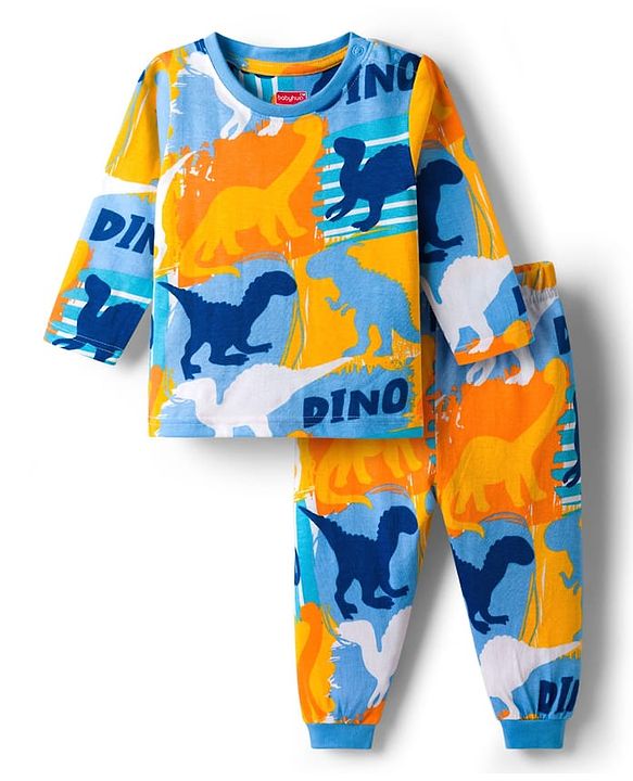 Babyhug Cotton Knit Full Sleeves Co-ords Night Suit With Dino Print - Blue Yellow & Light Blue
