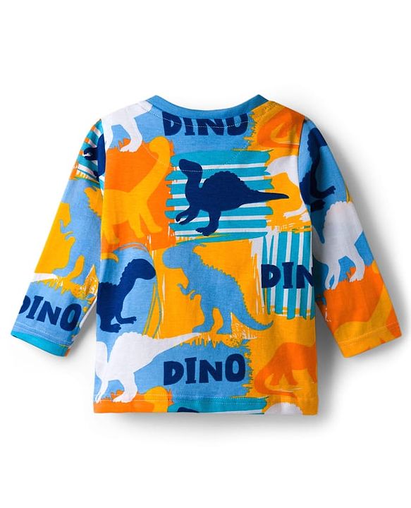 Babyhug Cotton Knit Full Sleeves Co-ords Night Suit With Dino Print - Blue Yellow & Light Blue