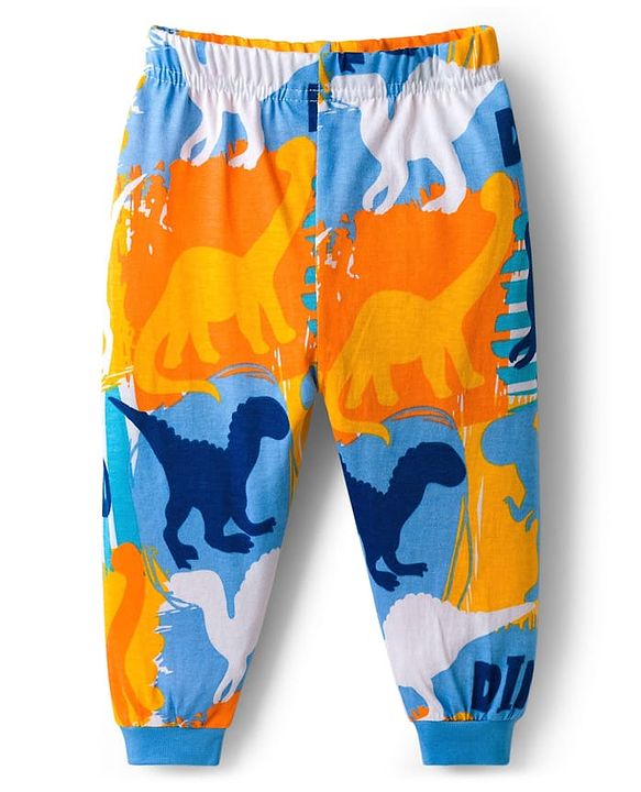 Babyhug Cotton Knit Full Sleeves Co-ords Night Suit With Dino Print - Blue Yellow & Light Blue
