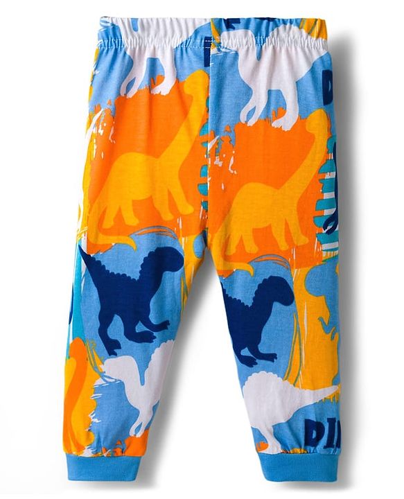 Babyhug Cotton Knit Full Sleeves Co-ords Night Suit With Dino Print - Blue Yellow & Light Blue