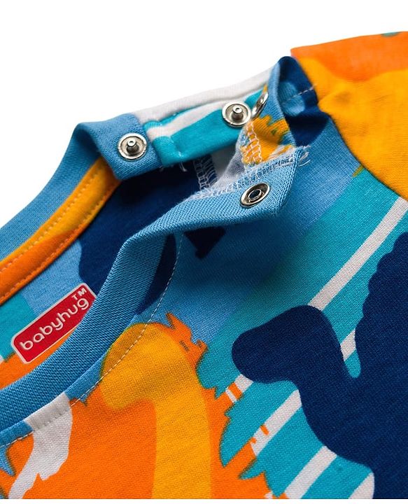 Babyhug Cotton Knit Full Sleeves Co-ords Night Suit With Dino Print - Blue Yellow & Light Blue