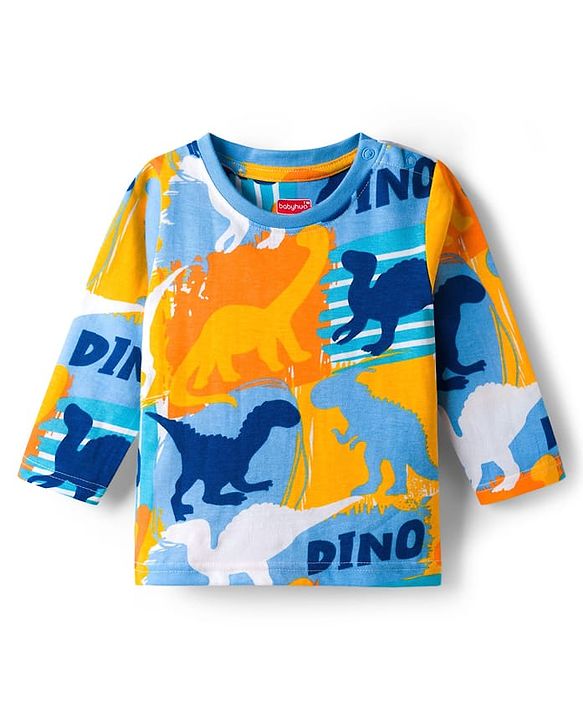 Babyhug Cotton Knit Full Sleeves Co-ords Night Suit With Dino Print - Blue Yellow & Light Blue