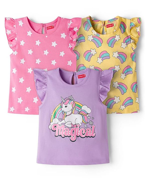 Babyhug Cotton Knit Frill Sleeves T-Shirts With Unicorn & Star Print Pack of 3 - Purple Pink & Yellow