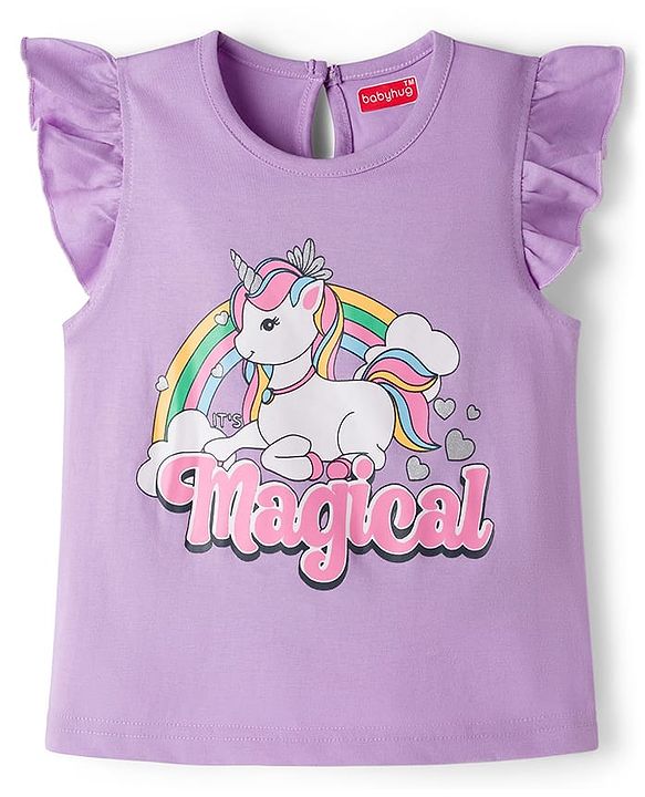 Babyhug Cotton Knit Frill Sleeves T-Shirts With Unicorn & Star Print Pack of 3 - Purple Pink & Yellow