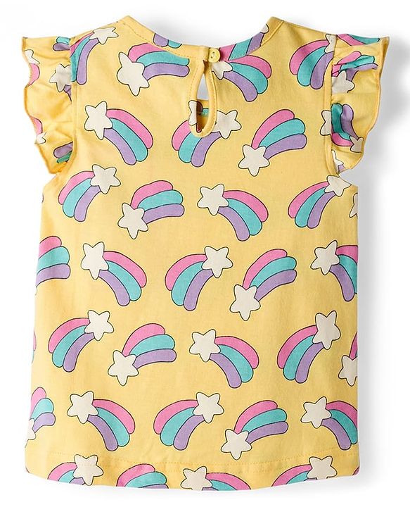 Babyhug Cotton Knit Frill Sleeves T-Shirts With Unicorn & Star Print Pack of 3 - Purple Pink & Yellow