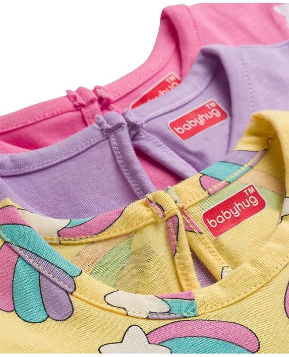 Babyhug Cotton Knit Frill Sleeves T-Shirts With Unicorn & Star Print Pack of 3 - Purple Pink & Yellow