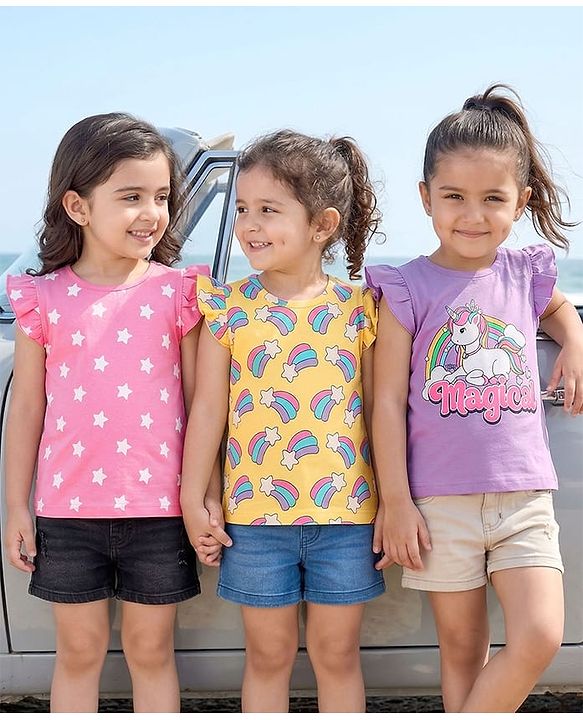 Babyhug Cotton Knit Frill Sleeves T-Shirts With Unicorn & Star Print Pack of 3 - Purple Pink & Yellow