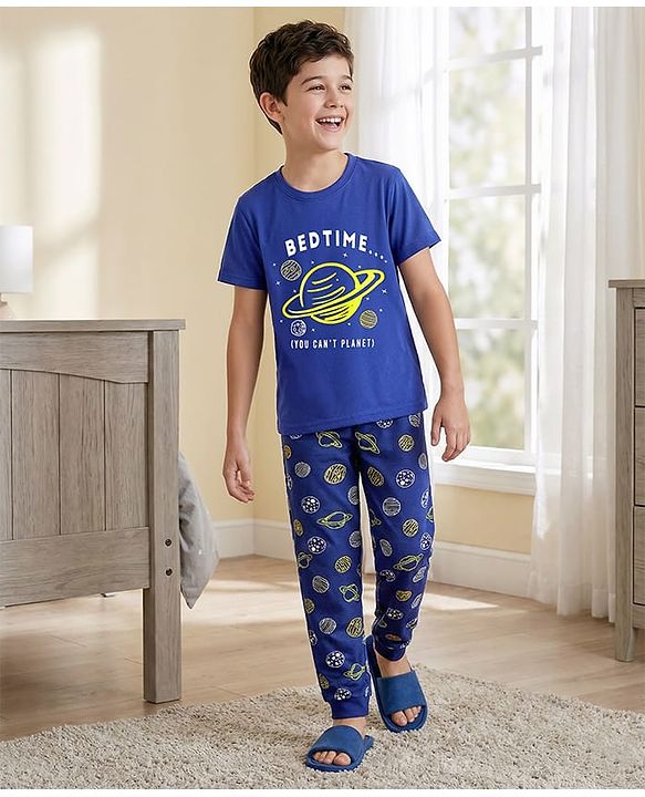 Pine Kids Single Jersey Knit Half Sleeves T-Shirt & Pyjama Night Suit With Space Theme Print - Navy Blue