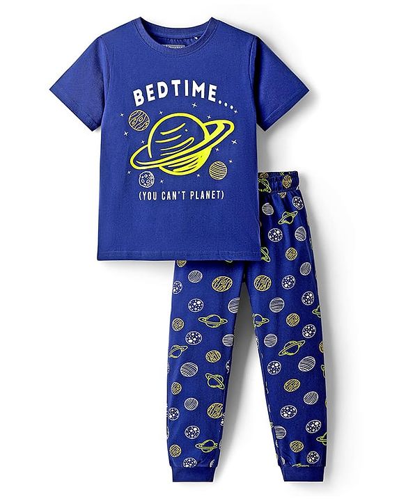 Pine Kids Single Jersey Knit Half Sleeves T-Shirt & Pyjama Night Suit With Space Theme Print - Navy Blue