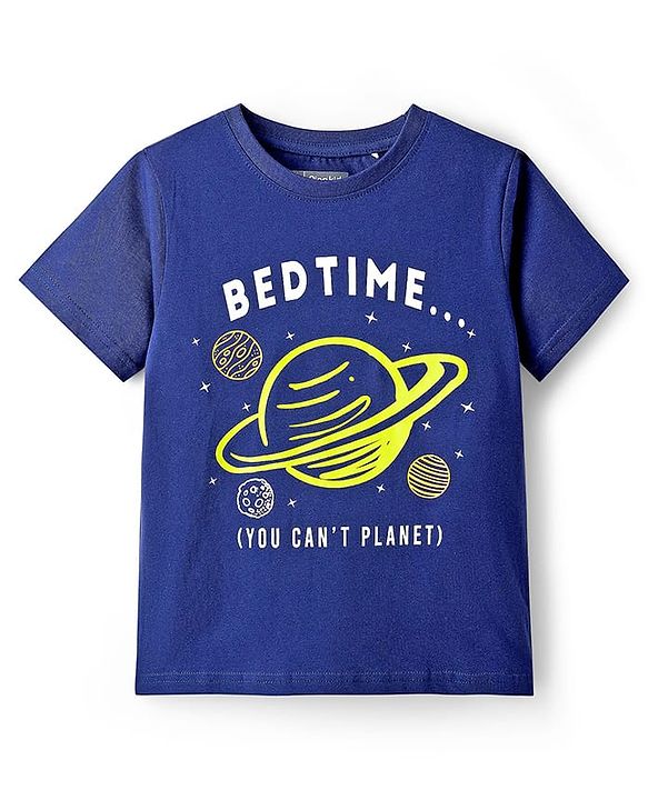 Pine Kids Single Jersey Knit Half Sleeves T-Shirt & Pyjama Night Suit With Space Theme Print - Navy Blue