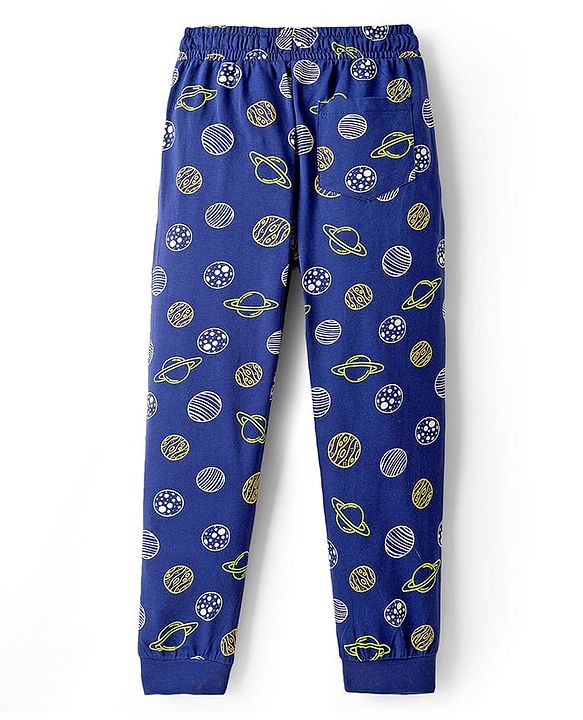 Pine Kids Single Jersey Knit Half Sleeves T-Shirt & Pyjama Night Suit With Space Theme Print - Navy Blue
