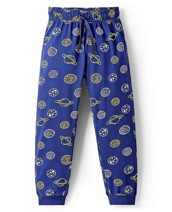 Pine Kids Single Jersey Knit Half Sleeves T-Shirt & Pyjama Night Suit With Space Theme Print - Navy Blue