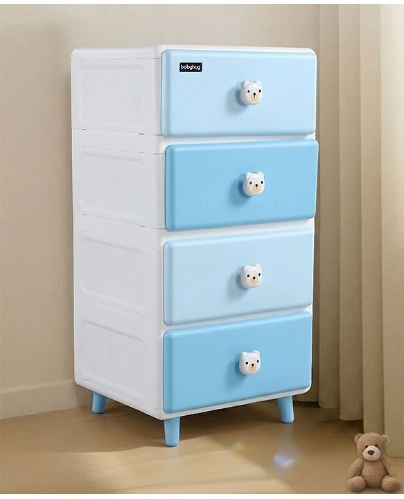 Babyhug 4-Layer Kids Storage Cabinet Teddy Face Knobs High-Density Plastic Spacious Drawers Sturdy Anti-Slip Base| Easy Assembly Multi-utility Toy, Book & Clothes Organizer Child Safe  Blue