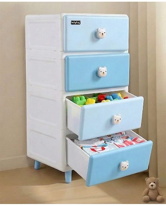 Babyhug 4-Layer Kids Storage Cabinet Teddy Face Knobs High-Density Plastic Spacious Drawers Sturdy Anti-Slip Base| Easy Assembly Multi-utility Toy, Book & Clothes Organizer Child Safe  Blue