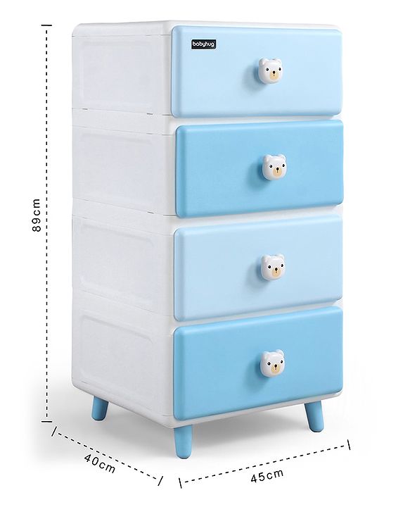 Babyhug 4-Layer Kids Storage Cabinet Teddy Face Knobs High-Density Plastic Spacious Drawers Sturdy Anti-Slip Base| Easy Assembly Multi-utility Toy, Book & Clothes Organizer Child Safe  Blue