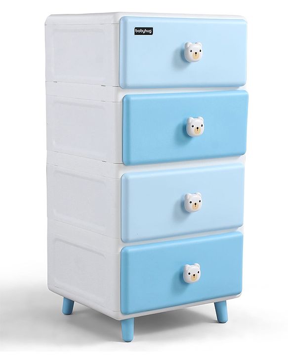Babyhug 4-Layer Kids Storage Cabinet Teddy Face Knobs High-Density Plastic Spacious Drawers Sturdy Anti-Slip Base| Easy Assembly Multi-utility Toy, Book & Clothes Organizer Child Safe  Blue