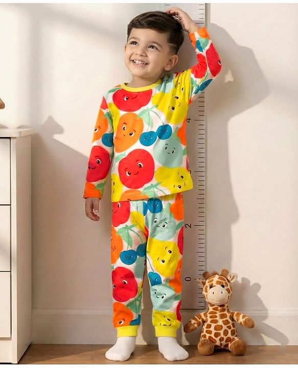 Babyhug Cotton Knit Full Sleeves T-Shirt & Pyjama Co-ord Night Suit With Fruit Print - Multicolor