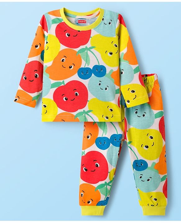 Babyhug Cotton Knit Full Sleeves T-Shirt & Pyjama Co-ord Night Suit With Fruit Print - Multicolor