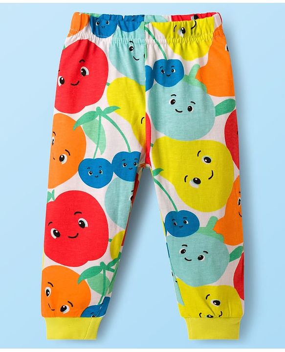 Babyhug Cotton Knit Full Sleeves T-Shirt & Pyjama Co-ord Night Suit With Fruit Print - Multicolor