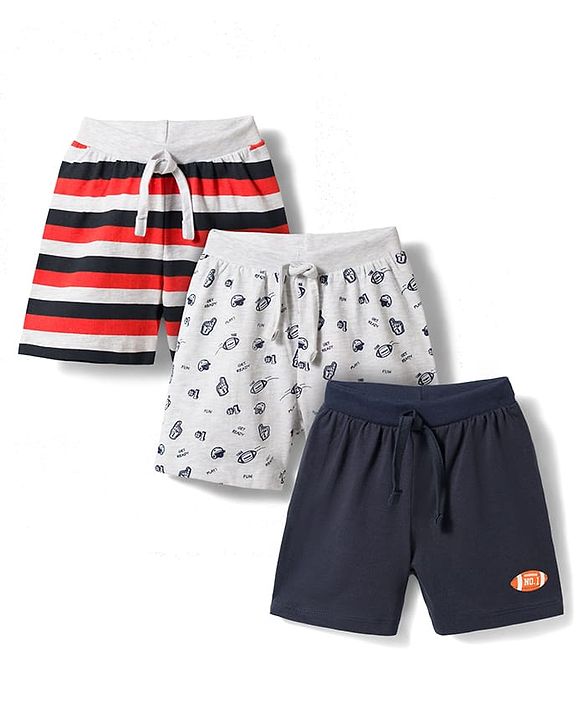 Babyhug Single Jersey Knit Mid Thigh Striped & Sports Theme Printed Shorts Pack Of 3 - Multicolour