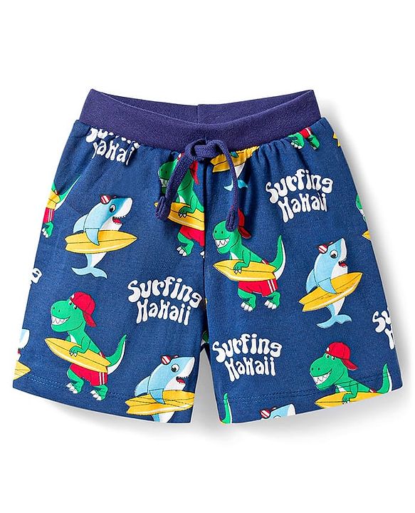Babyhug Single Jersey Knit Mid Thigh Length Striped Shark & Crocodile Printed Shorts Pack of 3 - Yellow Navy Blue & Red