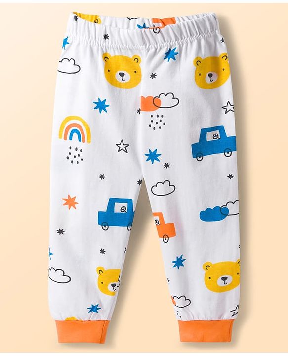 Babyhug Cotton Knit Full Sleeves Co-ords T-Shirt & Lounge Pant With Vehicle Print - White