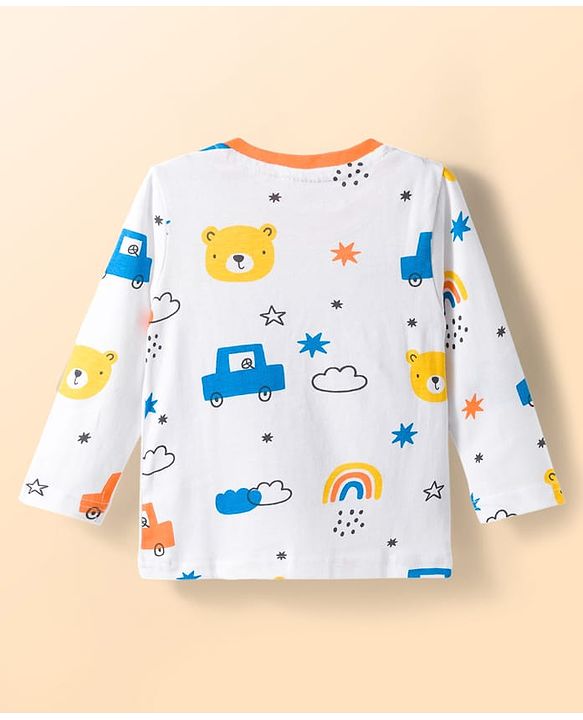 Babyhug Cotton Knit Full Sleeves Co-ords T-Shirt & Lounge Pant With Vehicle Print - White