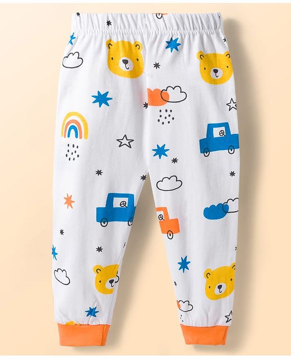 Babyhug Cotton Knit Full Sleeves Co-ords T-Shirt & Lounge Pant With Vehicle Print - White