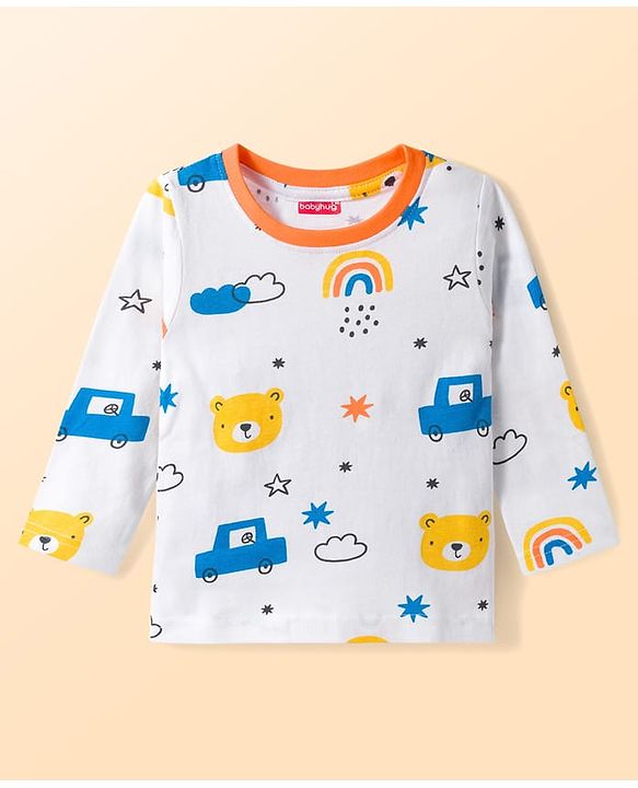 Babyhug Cotton Knit Full Sleeves Co-ords T-Shirt & Lounge Pant With Vehicle Print - White