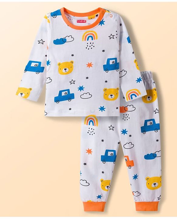 Babyhug Cotton Knit Full Sleeves Co-ords T-Shirt & Lounge Pant With Vehicle Print - White