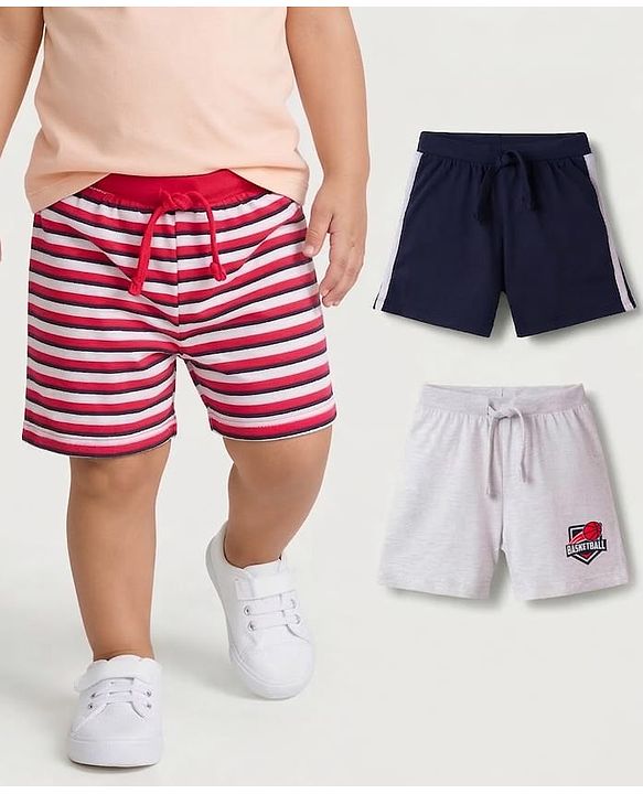Babyhug 100% Cotton Single Jersey Knit Mid Thigh Length Striped Shorts with Basketball Print Pack of 3 - Multicolor