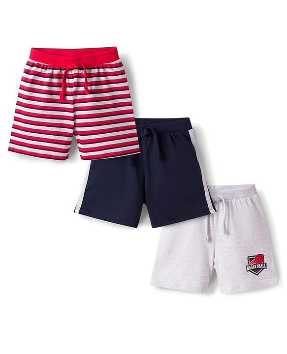 Babyhug 100% Cotton Single Jersey Knit Mid Thigh Length Striped Shorts with Basketball Print Pack of 3 - Multicolor