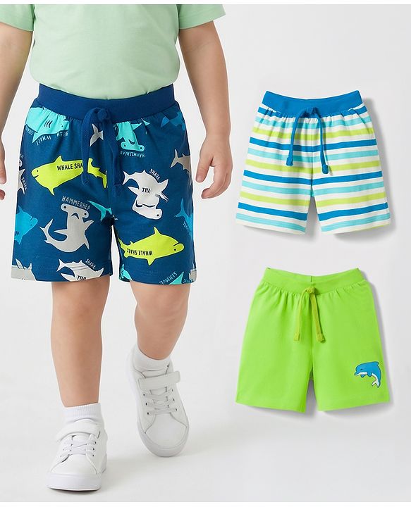 Babyhug Single Jersey Knit Mid Thigh Sea Life Printed & Striped  Shorts Pack Of 3 - Multicolour