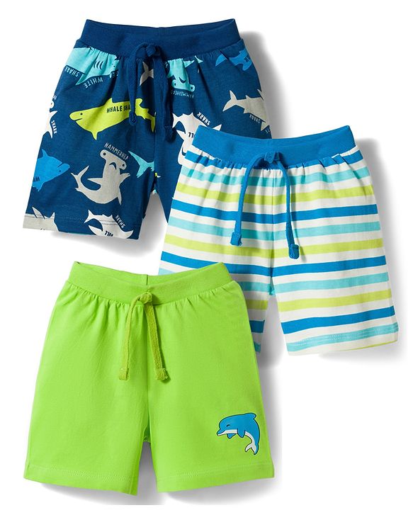 Babyhug Single Jersey Knit Mid Thigh Sea Life Printed & Striped  Shorts Pack Of 3 - Multicolour