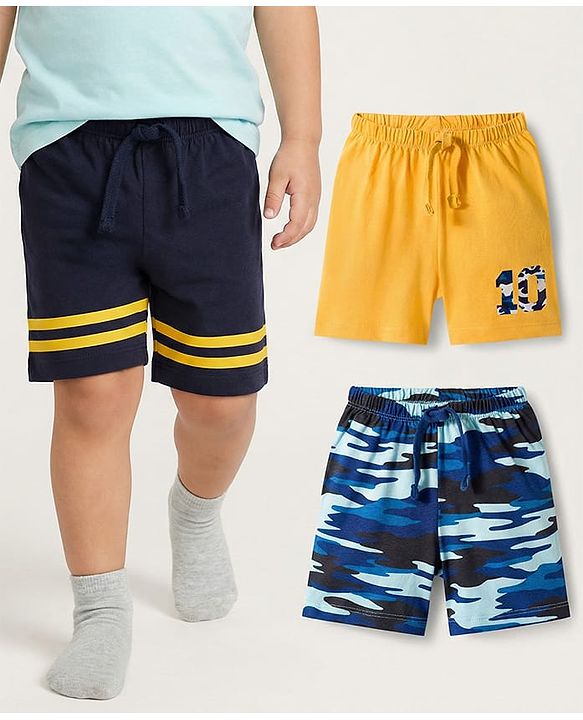 Babyhug Single Jersey Knit Camouflage Printed Mid Thigh Length Shorts Pack Of 3 - Yellow Blue & Navy Blue