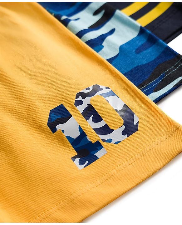 Babyhug Single Jersey Knit Camouflage Printed Mid Thigh Length Shorts Pack Of 3 - Yellow Blue & Navy Blue