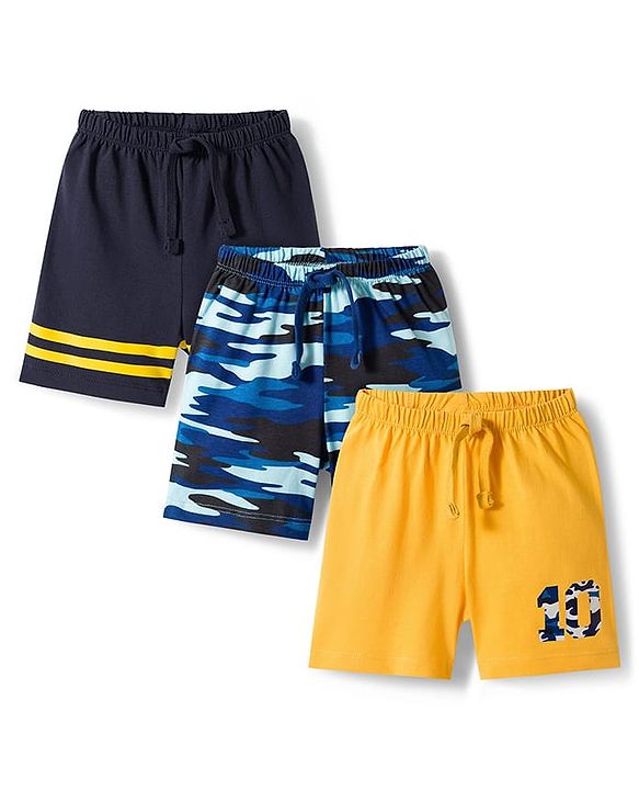 Babyhug Single Jersey Knit Camouflage Printed Mid Thigh Length Shorts Pack Of 3 - Yellow Blue & Navy Blue