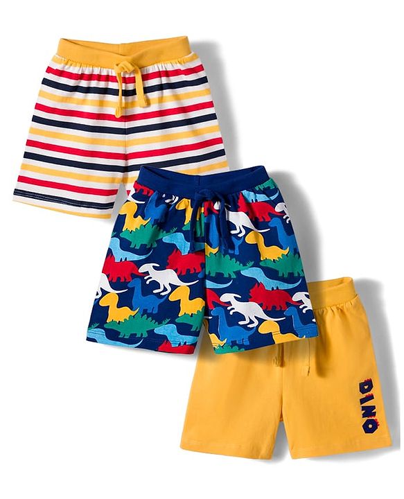 Babyhug Single Jersey Knit Mid Thigh Dino Printed & Striped Shorts Pack Of 3 - Multicolour