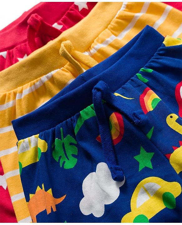 Babyhug Single Jersey Knit Mid Thigh Striped & Dino Printed Shorts Pack of 3 - Multicolour