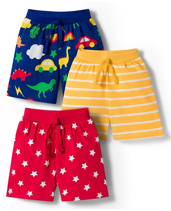 Babyhug Single Jersey Knit Mid Thigh Striped & Dino Printed Shorts Pack of 3 - Multicolour