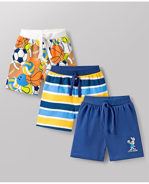 Babyhug Single Jersey Knit Mid Thigh Length Striped Bunny & Ball Printed Shorts Pack of 3 - Yellow Blue & White