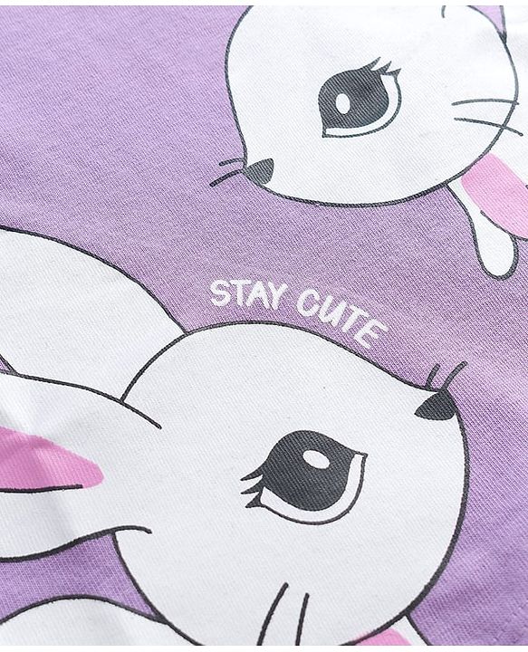 Babyhug Cotton Knit Full Sleeves Rabbit Printed T-Shirt & Hearts Printed Pyjama Night Suit - Lavender