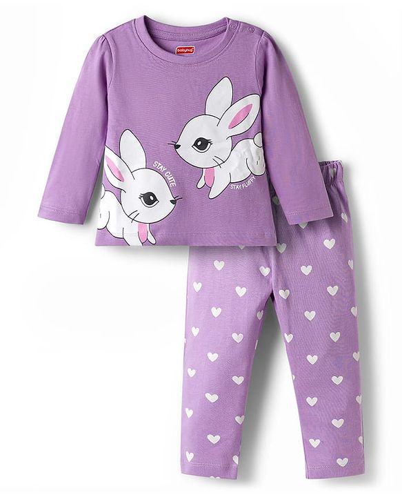 Babyhug Cotton Knit Full Sleeves Rabbit Printed T-Shirt & Hearts Printed Pyjama Night Suit - Lavender